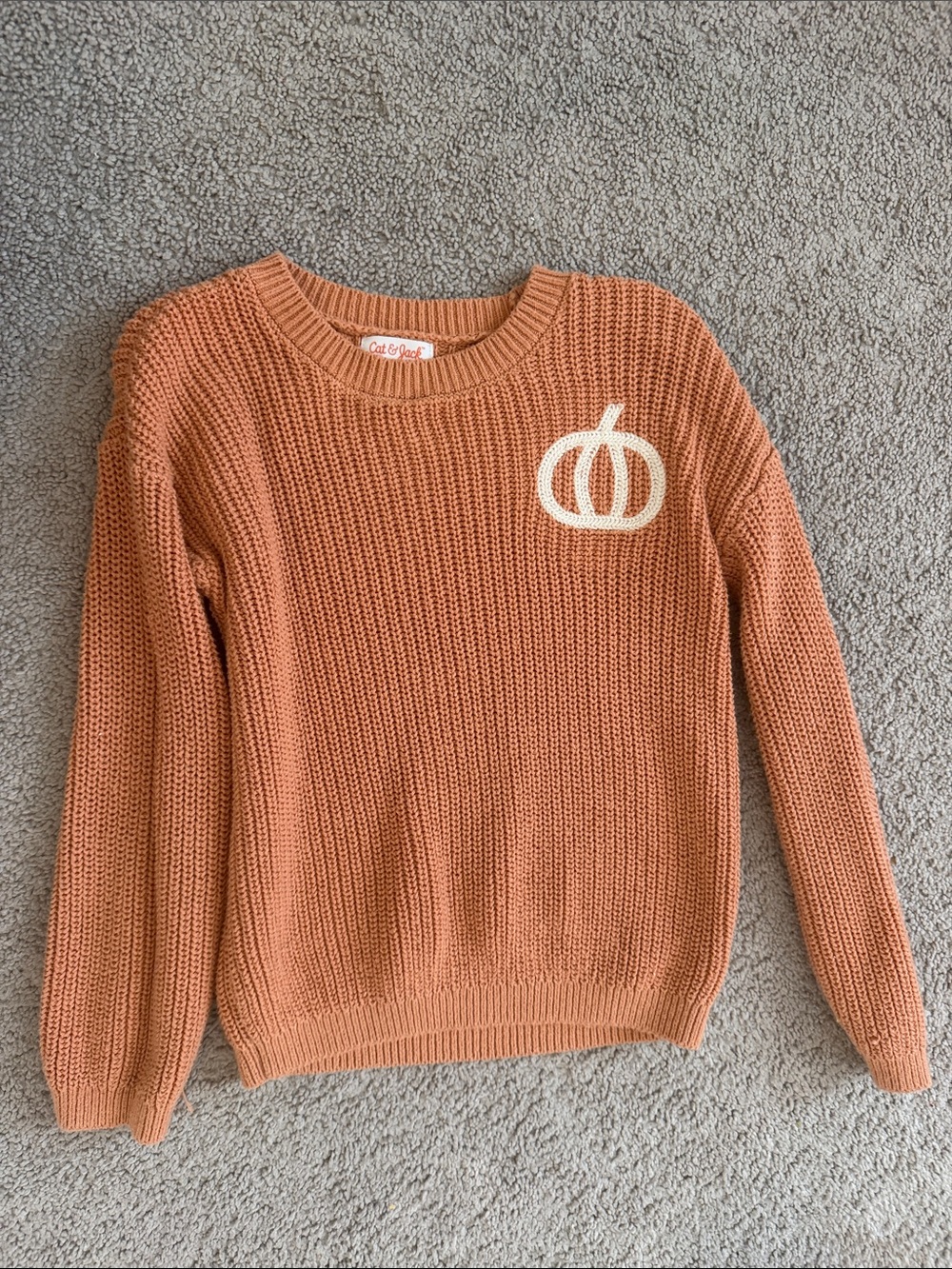 Cat & Jack Burnt Orange Knit Crewneck Sweater with White Pumpkin Accent